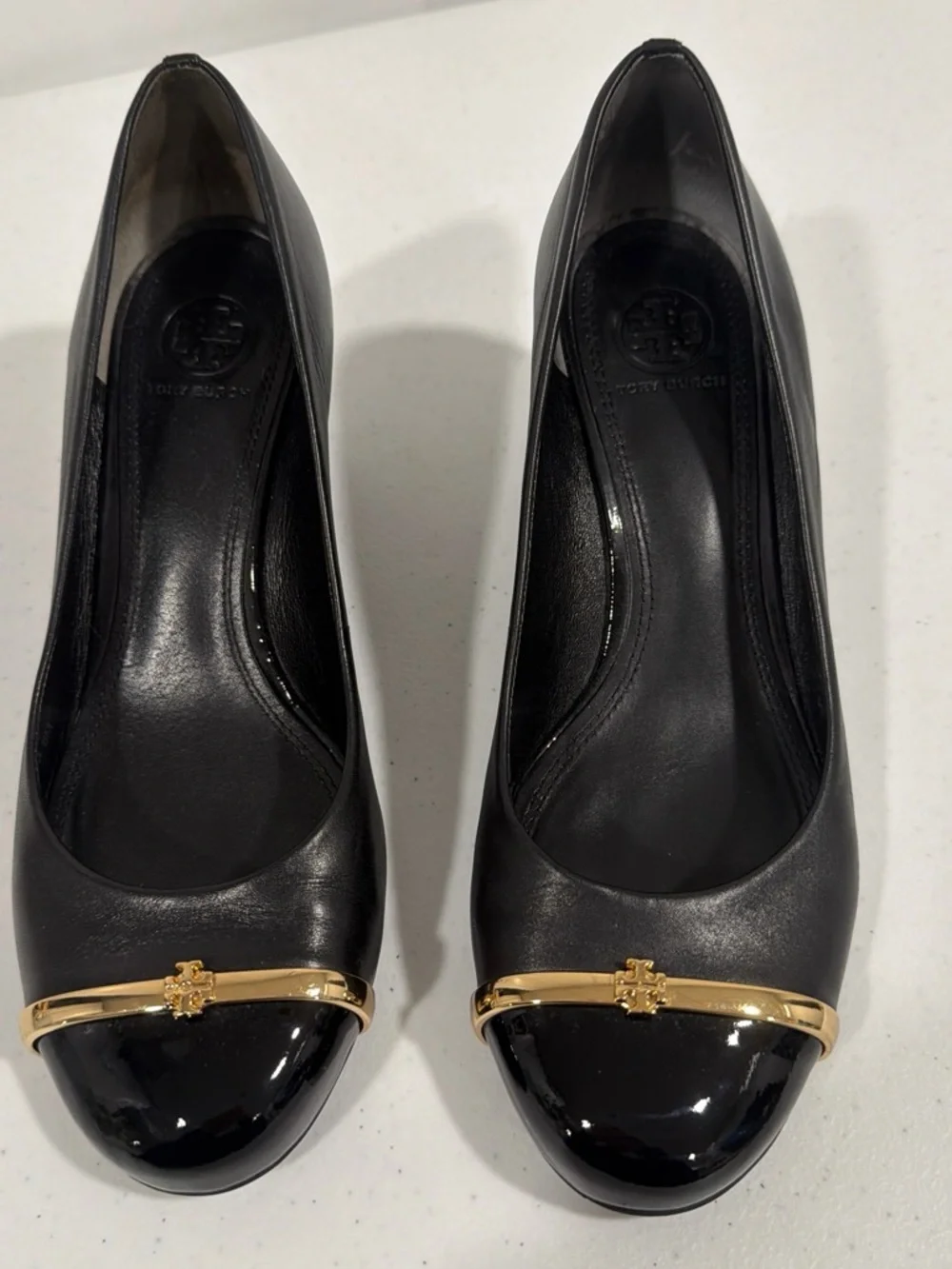 Tory Burch Black Leather Wedge Pumps with Gold Toe Bar - Picture 2 of 7